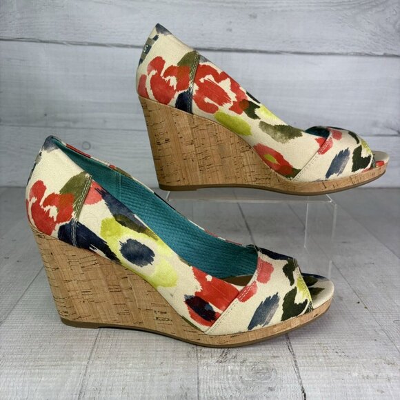 Toms STELLA Abstract Floral Canvas Peep Toe Cork Wedge Heel Slip On Shoes Size 9 - Picture 3 of 16